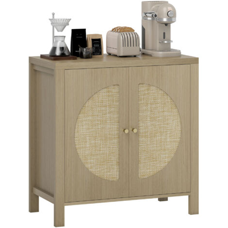 Buffet cuisine, meuble de rangement avec 2 portes effet rotin et étagère réglable, 75 x 38 x 77 cm, bois naturel (1/5)