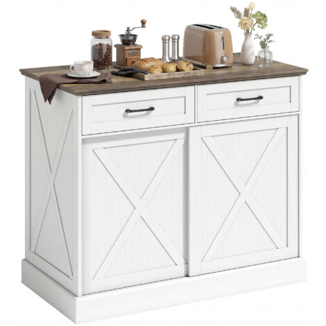 Îlot central cuisine, buffet cuisine, meuble de rangement avec 2 tiroirs 2 portes coulissantes, étagère réglable, blanc (1/5)