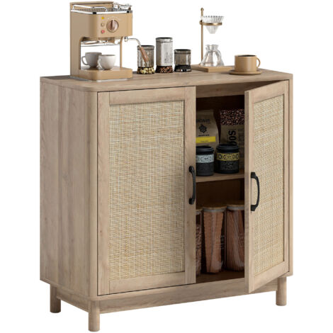 Buffet salon, meuble de rangement avec 2 portes en rotin, étagère réglable et bords arrondis, 76 x 35 x 75,5 cm, chêne (1/5)