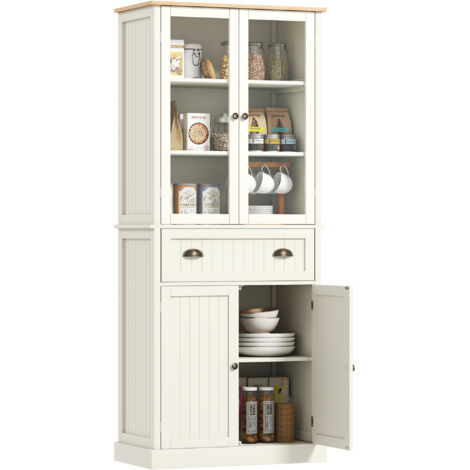 HOMCOM Buffet meuble cuisine rangement armoire de cuisine 4 portes dont 2 portes vitrées et 1 tiroir hauteur 182,5 cm avec étagères réglables - beige