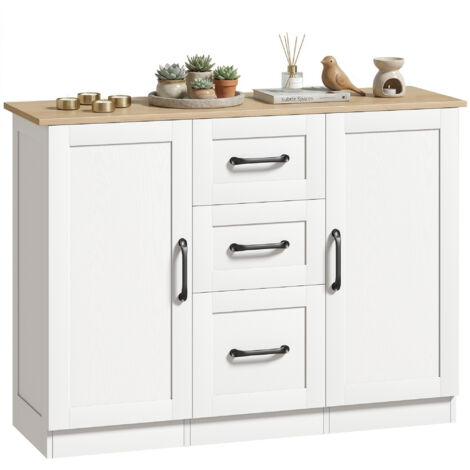 Buffet salon, meuble de rangement avec 2 portes à fermeture douce et 3 tiroirs, 110x35x80,4cm, blanc et bois naturel (1/5)