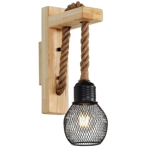 Goeco – Applique murale industrielle vintage en bois et métal noir – Éclairage mural à suspendre en corde de chanvre – Douille E27, 40W max (1/5)