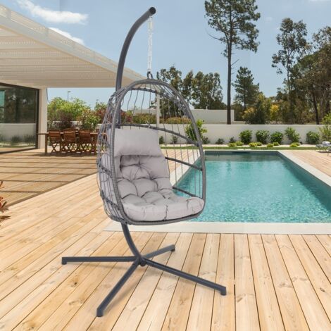 ECD Germany Hängesessel mit Gestell und Kissen, Grau, Rattan-Optik, wetterfest, Indoor/Outdoor, Stahl Hängesesselgestell, Hängestuhl Hängekorb Hängeschaukel Hängesitz für Garten/Balkon