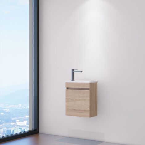 DILECI - Meuble compact lave-mains effet bois avec vasque intégrée
