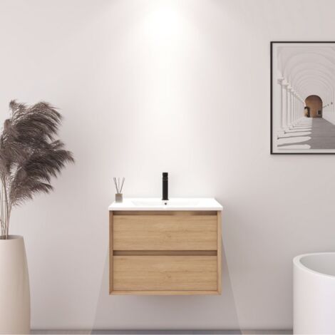 DILECI - Meuble suspendu effet bois clair de deux tirroirs avec vasque taille 60 cm (1/5)