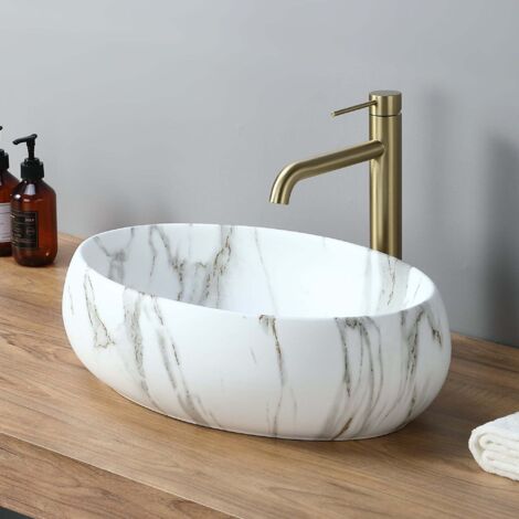 DILECI - Vasque ovale creuse blanche effet marbre (48 × 35 cm) (1/5)