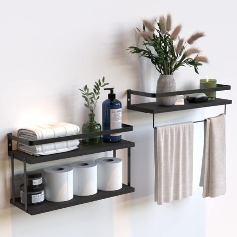 2-stöckige und 1-stöckige schwebende Wandregale (2er-Set) mit Metallrahmen, für Badezimmer, Küche und Schlafzimmer, mit Papierhandtuchhalter und Handtuchstange - Schwarz (1/5)
