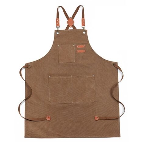 x braune, verbesserte, wasserdichte Denim-Latzschürze, verstellbare Denim-Schürze mit Taschen und Kreuzlatz