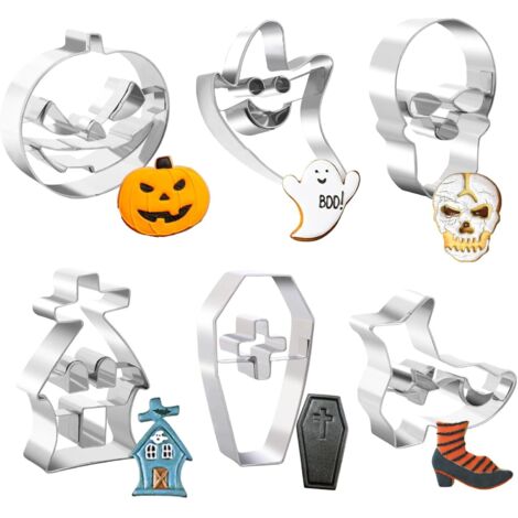 6-teiliges Halloween-Ausstechformen-Set aus Edelstahl, Kürbis, Totenkopf, Geist, Spukhaus, Stiefel, Sarg, Ausstechformen für Halloween-Party-Dekoration