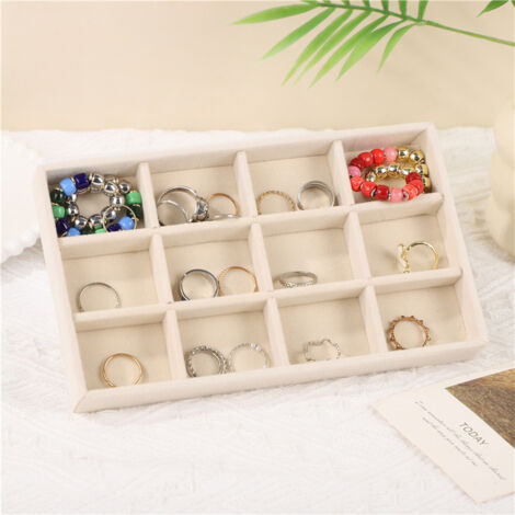 Beigefarbenes Aufbewahrungstablett mit 12 Fächern, 21,3 x 12,4 x 2,4 cm, 1 große Schmuckaufbewahrungsbox aus Samt, geeignet für Ringe (1/5)