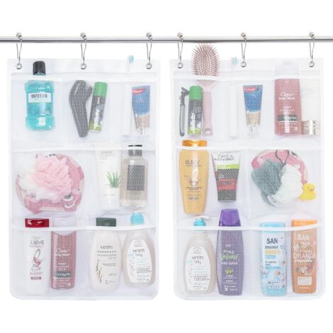 Hängende Aufbewahrungstasche für das Badezimmer, weiß, 43 x 67 cm, 2 Taschen mit schnell trocknendem Netz, tragbarer Seifen-/Shampoo-Halter
