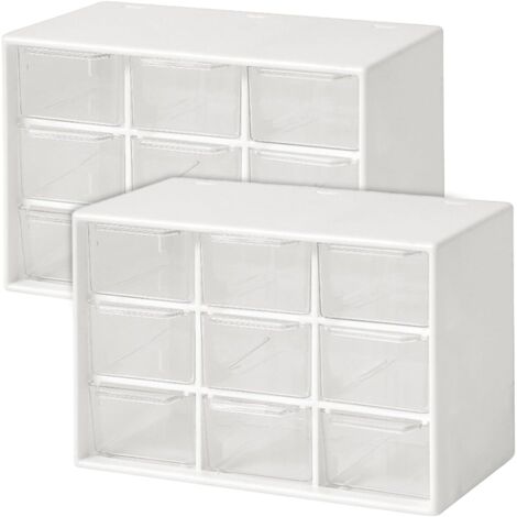 Set aus 2 transparenten Aufbewahrungsboxen aus Kunststoff mit 9 Schubladen und Fächern für Schmuck, Kosmetik und Kleinteile. Aufbewahrungsbox für den Schreibtisch.