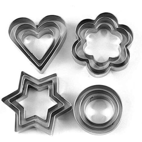 Set mit 12 runden Ausstechformen aus Edelstahl, Stern- und sternförmig, zum Kochen, Backen, für Halloween, Weihnachten, kleine Ausstechformen