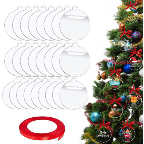 Set mit 100 Weihnachtsbaumkugeln – 10 cm große, runde, flache Scheiben aus transparentem Acrylglas mit einem 22 m langen roten Band (1/5)