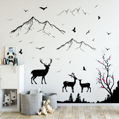 SHINING HOUSE Juego de pegatinas de pared con diseño de ciervo, pájaro y montaña, pegatinas de pared creativas extraíbles para decoración de dormitorio y sala de estar (1/5)
