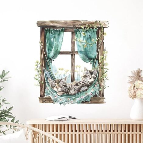 SHINING HOUSE Pegatinas de pared para ventanas falsas, gato durmiendo sobre plantas, calcomanías de pared para ventanas, decoraciones, pegatinas de pared autoadhesivas extraíbles para sala de estar y (1/5)