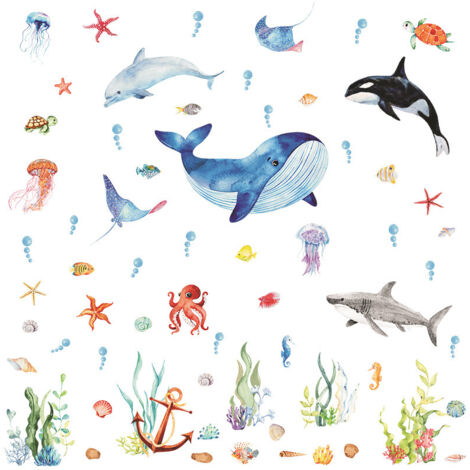 SHINING HOUSE Pegatinas de pared con diseño de peces tropicales bajo el mar, pegatinas de pared con diseño de tortugas marinas y algas marinas para habitación de niños, guardería, baño (1/5)