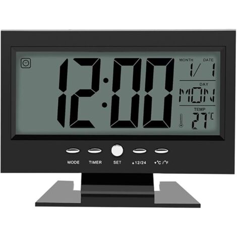 SHINING HOUSE Reloj electrónico, despertador con sensor de sonido digital LCD, calendario y pantalla de temperatura (negro) (1/5)