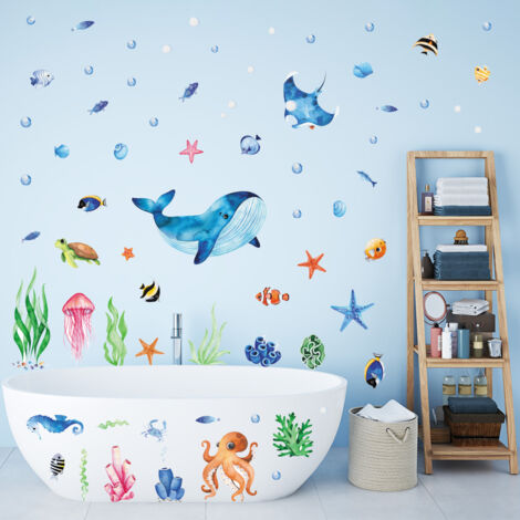 SHINING HOUSE Pegatinas de pared con diseño de peces bajo el mar, calcomanías de pared con diseño de ballenas oceánicas para habitación de niños, guardería, baño (1/5)