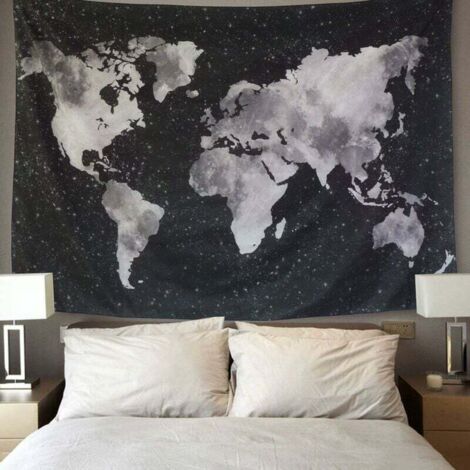SHINING HOUSE Tapiz de mapa del mundo para colgar en la pared, diseño bohemio de mandala, color blanco y negro, para decoración de sala de estar (mapa del mundo negro, 200 x 150) (1/5)