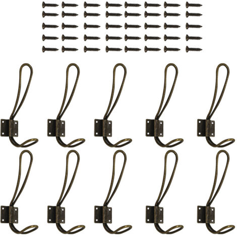SHINING HOUSE Perchero de pared vintage, 10 piezas, ganchos de pared de metal resistente de bronce, perchero doble para colgar ropa, chaquetas, batas, toallas, sombreros, llaves, bolsos
