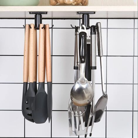 SHINING HOUSE Soporte para utensilios de cocina giratorio de 360°, soporte para utensilios de cocina con 6 ganchos, organizador de almacenamiento sin perforaciones, para cocina, baño y armario (negro) (1/5)