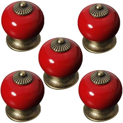 SHINING HOUSE Juego de 5 pomos de cerámica redondos para puertas de armarios o cajones, tirador de porcelana, estilo rústico, color rojo (1/4)