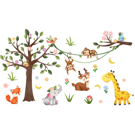 SHINING HOUSE Pegatinas de pared con animales del bosque, calcomanías de pared con árboles, animales, zorros, ciervos, hojas, decoración de pared, habitación de niños, guardería de bebés (1/4)