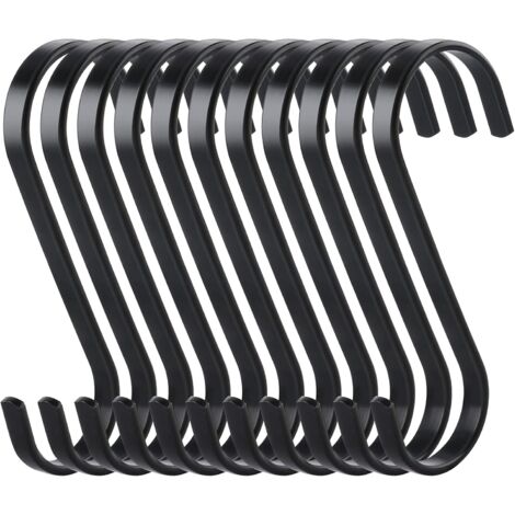 10 ganchos planos en forma de S de metal para colgar, resistentes, para cocina, carnicería, ropa, plantas, herramientas de jardinería, color negro.