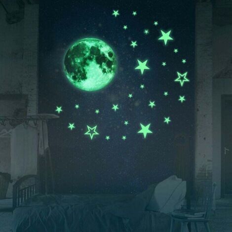 SHINING HOUSE Pegatinas luminosas de 27 estrellas y 30 cm de luna que brillan en la oscuridad, pegatinas fluorescentes para la decoración del hogar y la habitación de los niños (1/4)