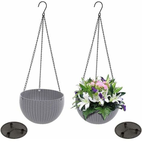 SHINING HOUSE Pack de macetas colgantes de ratán, cestas colgantes para jardín, jardineras colgantes, macetas colgantes de plástico para flores, para plantar en interiores y exteriores (gris) (1/5)