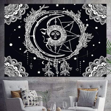 SHINING HOUSE Tapiz psicodélico para colgar en la pared, diseño de sol y luna, mandala, tarot estético, psicodélico, decoración de tela para dormitorio y sala de estar, 200 x 150 cm (negro) (1/5)