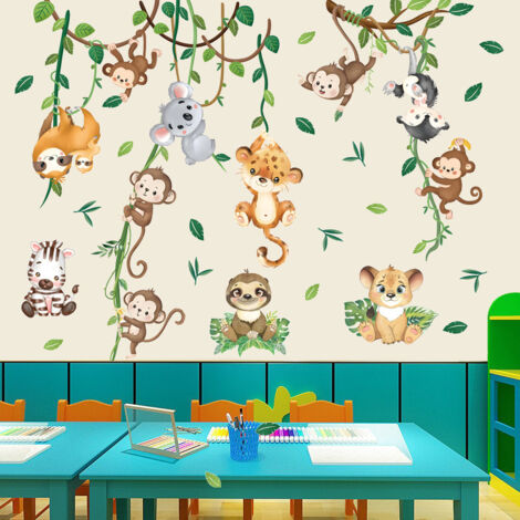 Adesivi Murali Animali Giungla DECOWALL – Giraffa, Leone, Elefante, Scimmie – Decorazione Cameretta Bambini