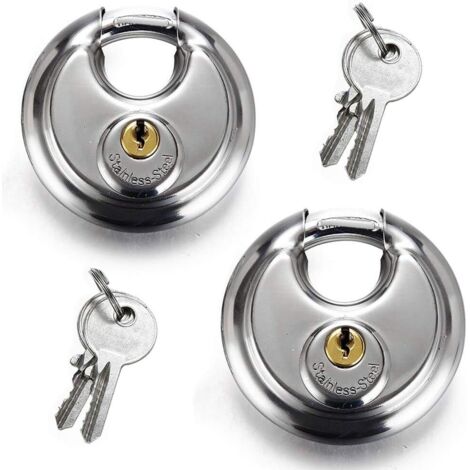 SHINING HOUSE 2er-Pack rundes Scheiben-Vorhängeschloss aus Edelstahl, 70 mm, robustes, rostfreies Scheiben-Vorhängeschloss, Aufbewahrungs- und Werkzeugkasten-Vorhängeschloss, Diebstahlsicherungskette (1/4)