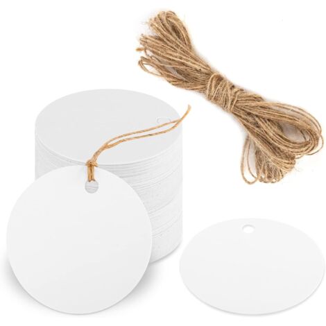 SHINING HOUSE 100 Stück Kraftpapier-Anhänger, weiße runde Kraftpapier-Anhänger, Weihnachtsgeschenkanhänger, 5 cm, leere Kraft-Hängeetiketten mit 20 m Juteschnur für Hochzeit, Party-Geschenk, Preise, B (1/5)