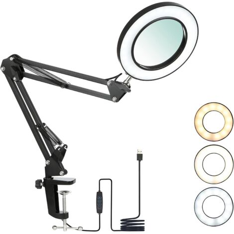 LED-Lupenlampe mit Klemme, 8-Dioptrien-Lupe mit Licht, 3-farbig beleuchtete Lupenlampe mit Schwenkarm, dimmbares Leselicht für Tisch oder Werkstatt (8-fach)
