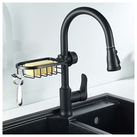 SHINING HOUSE Küchenarmatur-Schwammhalter, Waschbecken-Organizer über dem Wasserhahn, hängendes Wasserhahn-Abflussregal für die Organisation des Waschbeckens (schwarz-normal), 18 x 10,8 cm