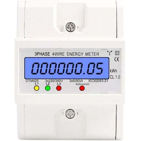 GABRIELLE Contatore di energia trifase a 4 fili 220/380 V 5-80 A Contatore di consumo energetico kWh Montaggio su guida DIN Contatore di energia elettrica digitale con display LCD retroilluminato Bian