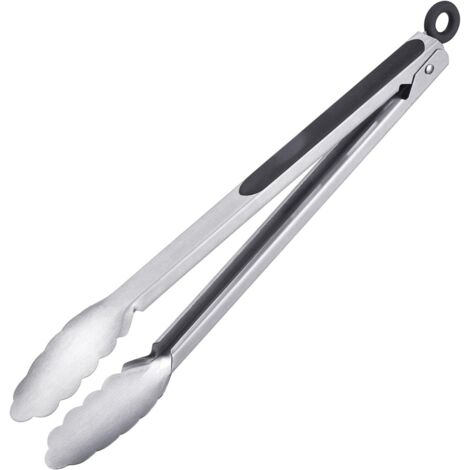 Pinza per grigliare e servire, con manici in acciaio inox e impugnatura gommata, lunghezza: 34 cm, acciaio inox/plastica, argento/nero