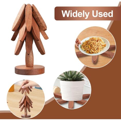 Set Di 3 Sottopentola In Legno A Forma Di Albero Di Natale + Supporto Salvaspazio - Regalo Cucina - 4
