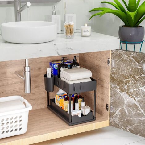 Cassetto Organizer Estraibile A 2 Livelli, Portaoggetti Sotto Il Lavandino, Cestello Scorrevole Portaspezie Per Piano Di Lavoro Della Cucina Dispensa Bagno Desktop Da Ufficio- 37,4 X 20 X 44 Cm-white