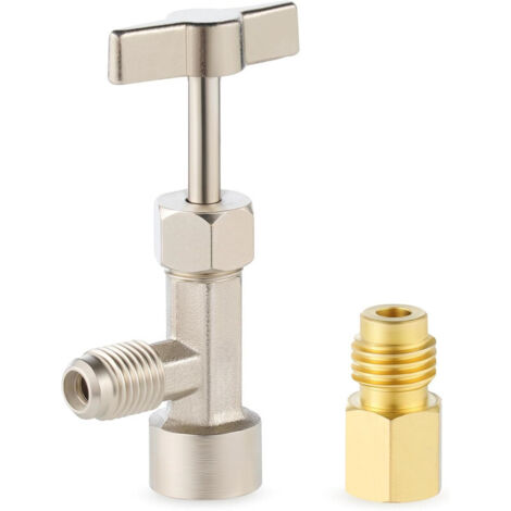 Valvola autosigillante per bombole di refrigerante R134a, con adattatore per serbatoio per tubi di ricarica CA da 1/4" e 1/2" per la ricarica del sistema di aria condizionata per autoveicoli (1/4)