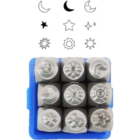 Set di 9 utensili per stampaggio in metallo, spessore 3 mm, realizzati in acciaio, con motivo a sole e stelle per la creazione di gioielli (1/4)