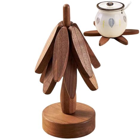 Set Di 4 Sottopentola In Legno Di Acacia A Forma Di Albero – Sottobicchieri Pieghevoli Resistenti Al Calore Per Piatti Caldi, Pentole E Teiere – Regalo Idea Inaugurazione Casa