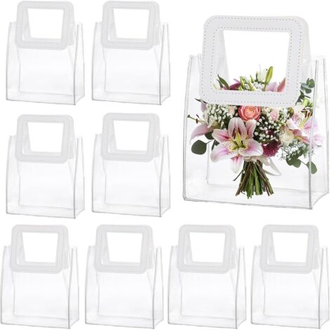 Set di 10 piccole bustine regalo trasparenti in PVC con manici bianchi, riutilizzabili per matrimoni, regali, shopping, feste, 18 x 10 x 20 cm