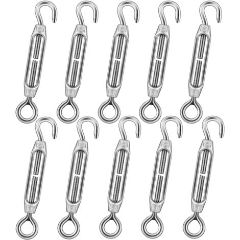 10 tenditori per cavi in acciaio inossidabile, tenditori per stendibiancheria con gancio e occhiello M4, tenditori regolabili per filo da giardino, filo per recinzioni e stendibiancheria da esterno. (1/5)