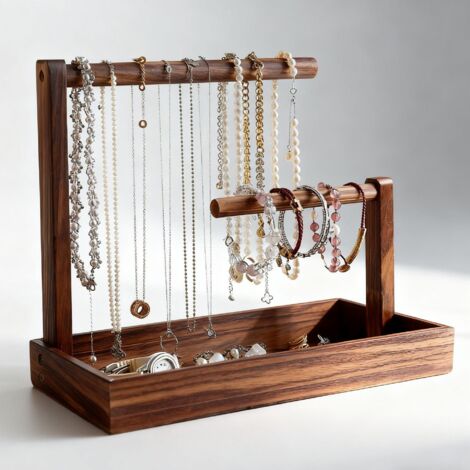 Espositore per gioielli in legno - Porta collane rimovibile - Porta collane vintage - Supporto per orologi - Albero porta gioielli per collane, bracciali, anelli e orecchini (1/4)