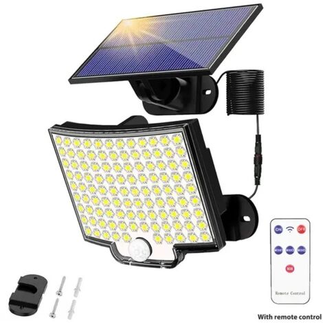 Lámpara solar para exterior con 106 LED y sensor de movimiento, IP65 resistente al agua, ángulo de haz de 120°, luz solar de pared para jardín con cable de 5 m y control remoto. (1/5)