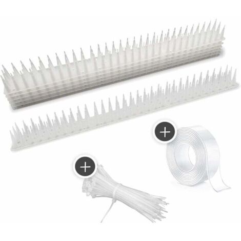 Púas antipalomas GABRIELLE – Más de 5 m – Repelente de aves con púas extra altas para balcones, vallas y tejados – Con cinta adhesiva impermeable y bridas – Paquete de 12 (blanco) (1/5)