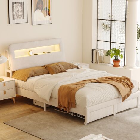 Letto Matrimoniale 140x200 Con Testiera Regolabile E Contenitore - Illuminazione LED, Ricarica USB/Type-C, Velluto Beige